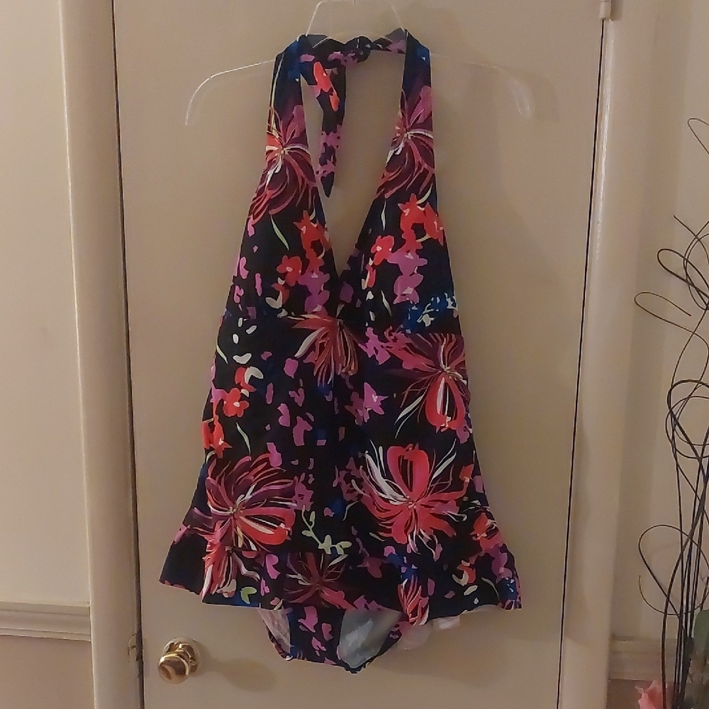 Dip Black Multi Floral Ruffle Halter One Piece Bathing Suit Plus Sz 1X